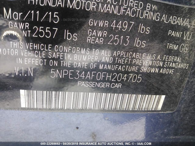 5NPE34AF0FH204705 - 2015 HYUNDAI SONATA SPORT/LIMITED BLUE photo 9