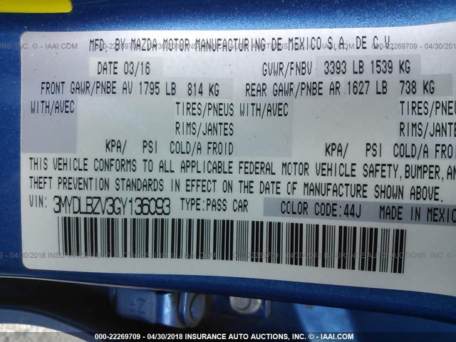 3MYDLBZV3GY136093 - 2016 TOYOTA SCION IA BLUE photo 9