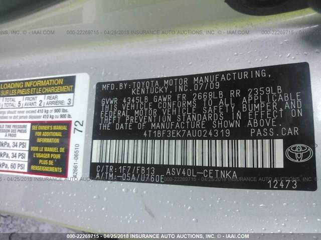4T1BF3EK7AU024319 - 2010 TOYOTA CAMRY SE/LE/XLE SILVER photo 9