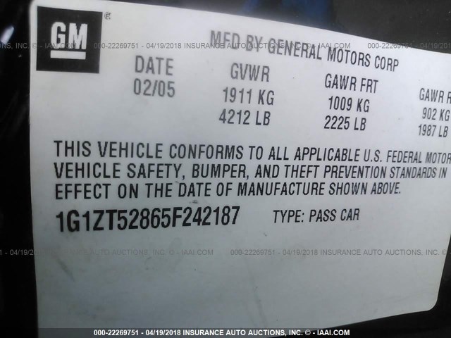 1G1ZT52865F242187 - 2005 CHEVROLET MALIBU LS 蓝色 照片 9