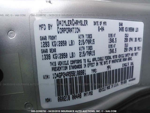 1D4GP24R55B188981 - 2005 DODGE GRAND CARAVAN SE SILVER photo 9