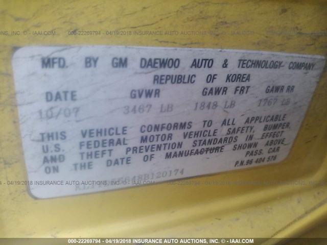 KL1TD56648B120174 - 2008 CHEVROLET AVEO LS YELLOW photo 9
