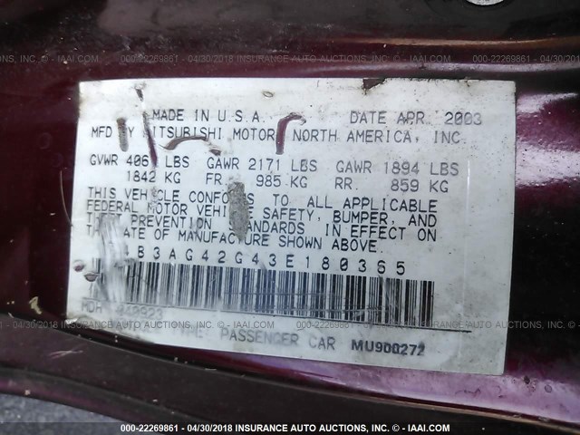 4B3AG42G43E180365 - 2003 DODGE STRATUS SE MAROON photo 9