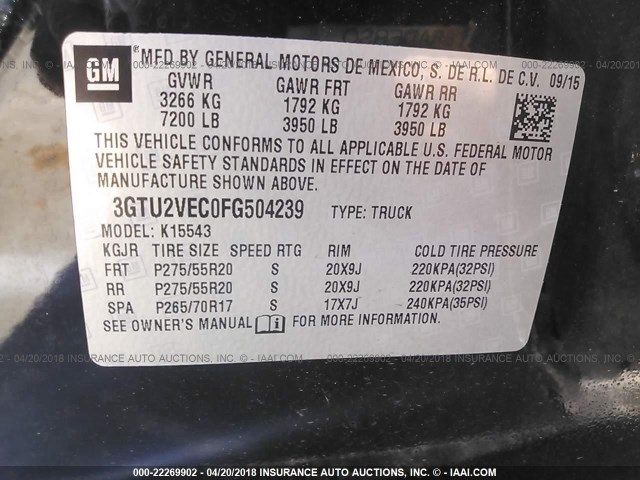 3GTU2VEC0FG504239 - 2015 GMC SIERRA K1500 SLT BLACK photo 9