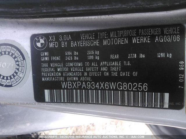 WBXPA934X6WG80256 - 2006 BMW X3 3.0I SILVER photo 9