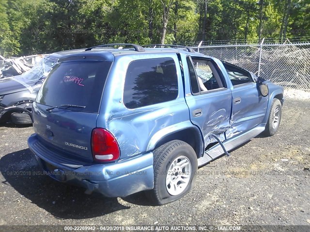 1B4HR48N92F106962 - 2002 DODGE DURANGO SLT BLUE photo 4