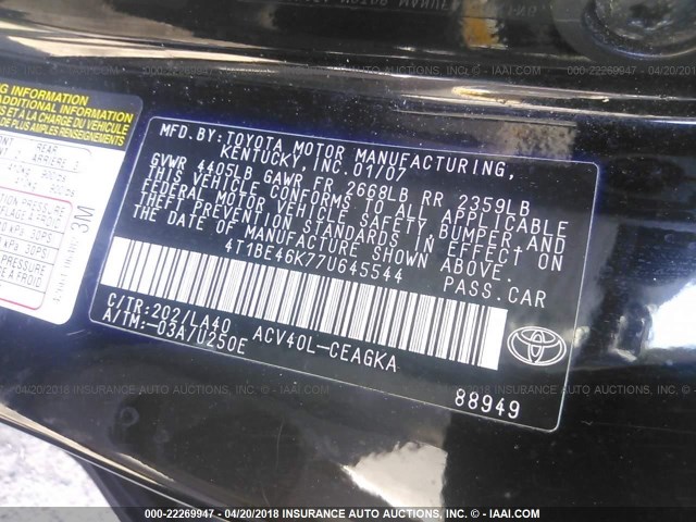 4T1BE46K77U645544 - 2007 TOYOTA CAMRY NEW GENERAT CE/LE/XLE/SE BLACK photo 9