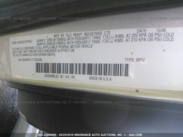 4S4BP61C177322546 - 2007 SUBARU LEGACY OUTBACK 2.5I SILVER photo 9