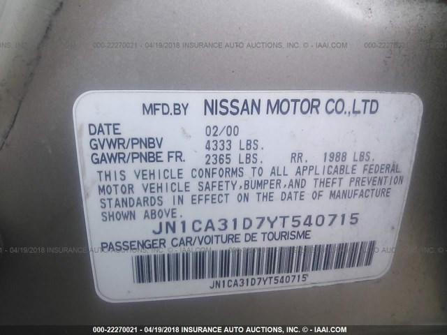 JN1CA31D7YT540715 - 2000 NISSAN MAXIMA GLE/GXE/SE GOLD photo 9