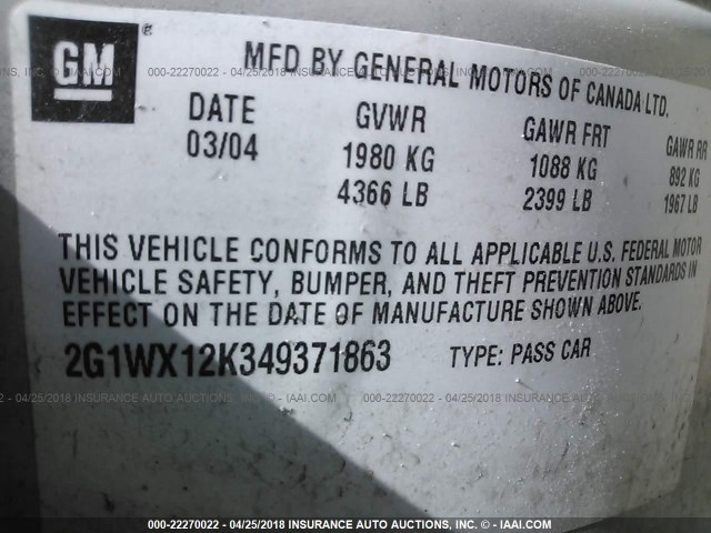 2G1WX12K349371863 - 2004 CHEVROLET MONTE CARLO SS კრემისფერი ფოტო 9