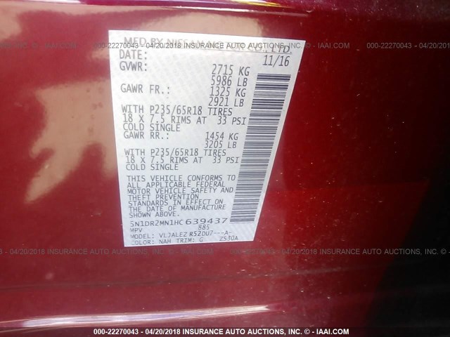 5N1DR2MN1HC639437 - 2017 NISSAN PATHFINDER S/SV/SL/PLATINUM 红色 照片 9