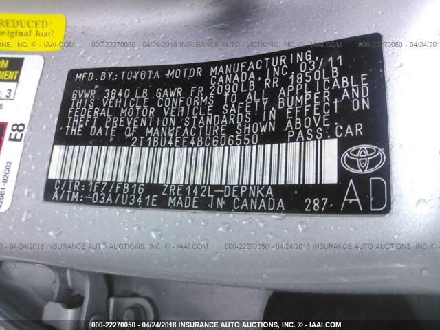 2T1BU4EE4BC606550 - 2011 TOYOTA COROLLA S/LE SILVER photo 8