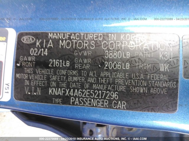 KNAFX4A62E5217296 - 2014 KIA FORTE LX BLUE photo 9