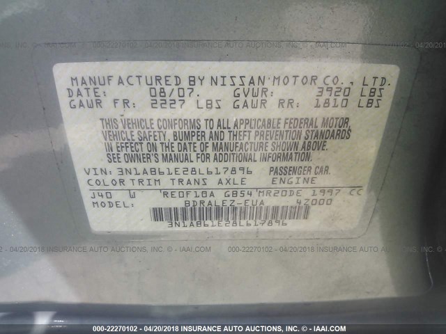 3N1AB61E28L617896 - 2008 NISSAN SENTRA 2.0/2.0S/2.0SL GREEN photo 9