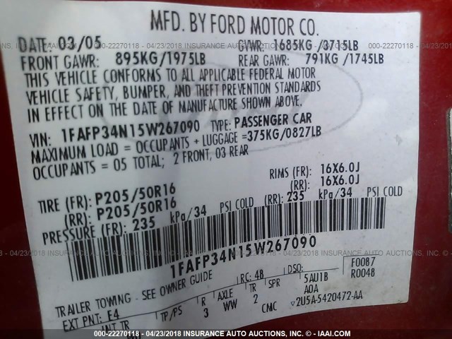 1FAFP34N15W267090 - 2005 FORD FOCUS ZX4 RED photo 9