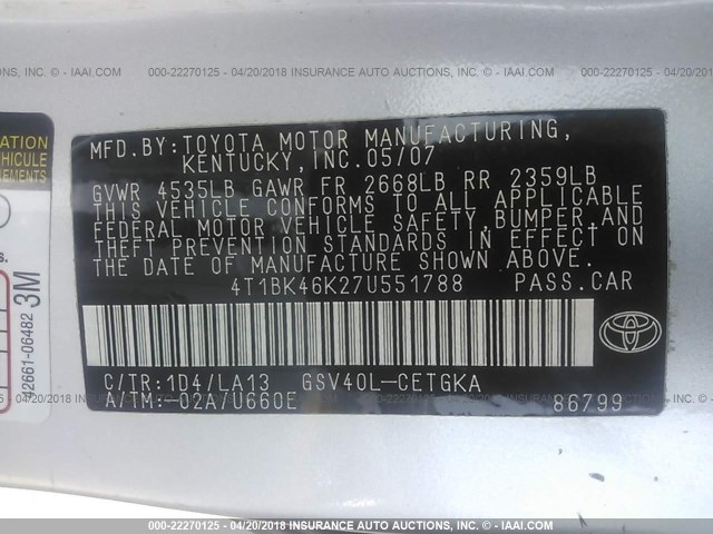 4T1BK46K27U551788 - 2007 TOYOTA CAMRY NEW GENERAT LE/XLE/SE SILVER photo 9