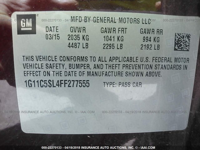 1G11C5SL4FF277555 - 2015 CHEVROLET MALIBU 1LT MAROON photo 9