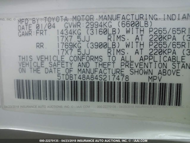 5TDBT48A84S217478 - 2004 TOYOTA SEQUOIA LIMITED WHITE photo 9