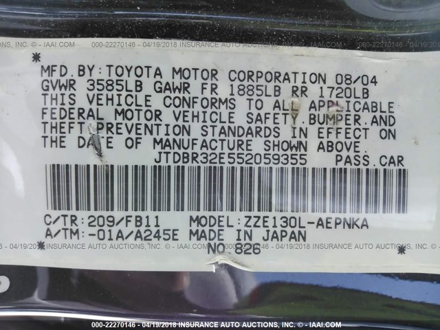 JTDBR32E552059355 - 2005 TOYOTA COROLLA CE/LE BLACK photo 9