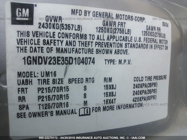 1GNDV23E35D104074 - 2005 CHEVROLET VENTURE LS SILVER photo 9