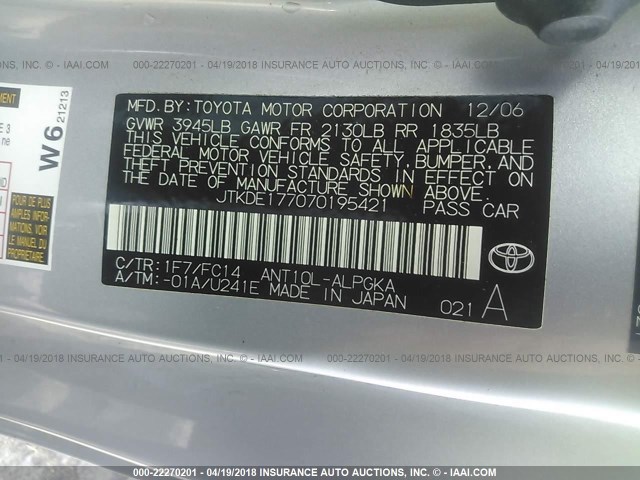 JTKDE177070195421 - 2007 TOYOTA SCION TC 银色 照片 9