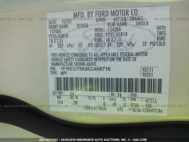 1FMEU75826ZA08716 - 2006 FORD EXPLORER LIMITED თეთრი ფოტო 9