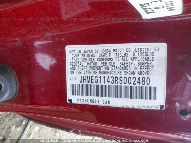 JHMEG1143RS002480 - 1994 HONDA CIVIC DEL SOL S RED photo 9