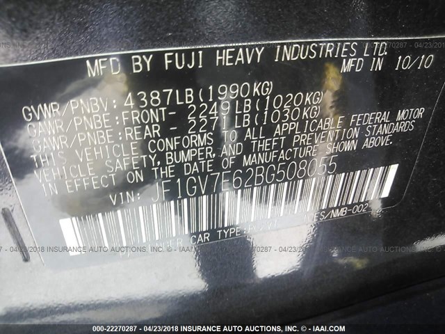 JF1GV7E62BG508055 - 2011 SUBARU IMPREZA WRX GRAY photo 9