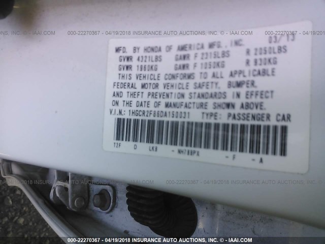 1HGCR2F86DA150031 - 2013 HONDA ACCORD EXL WHITE photo 9