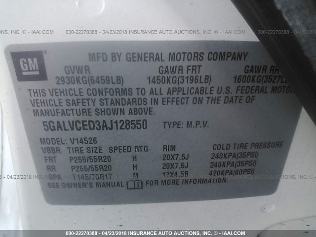 5GALVCED3AJ128550 - 2010 BUICK ENCLAVE CXL თეთრი ფოტო 9