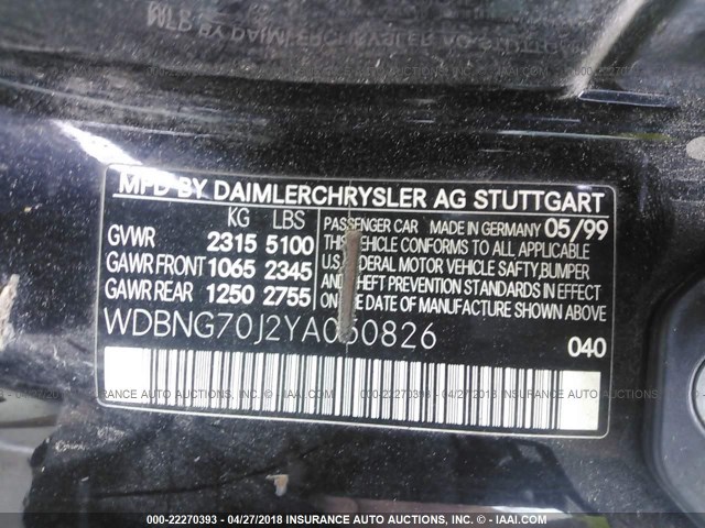 WDBNG70J2YA050826 - 2000 MERCEDES-BENZ S 430 BLACK photo 9