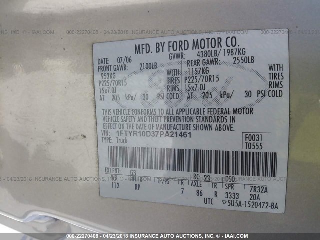 1FTYR10D37PA21461 - 2007 FORD RANGER GOLD photo 9