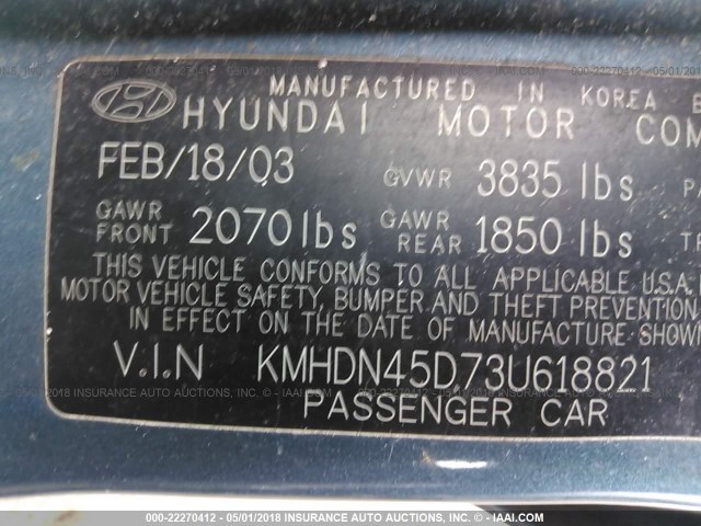 KMHDN45D73U618821 - 2003 HYUNDAI ELANTRA GLS/GT GREEN photo 9