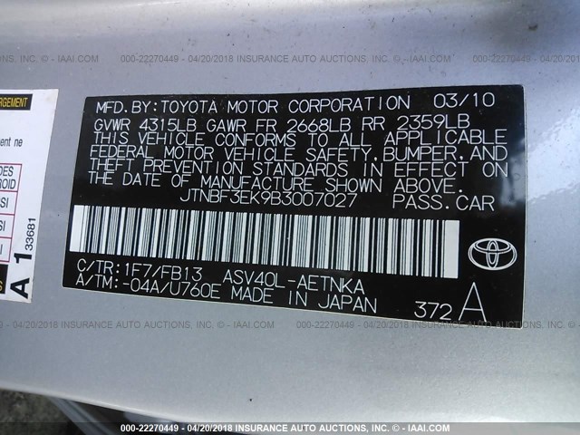 JTNBF3EK9B3007027 - 2011 TOYOTA CAMRY SE/LE/XLE 银色 照片 9