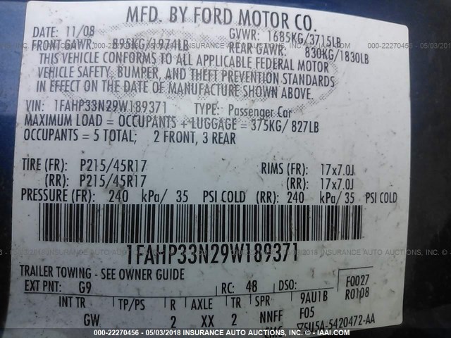 1FAHP33N29W189371 - 2009 FORD FOCUS SES BLUE photo 9