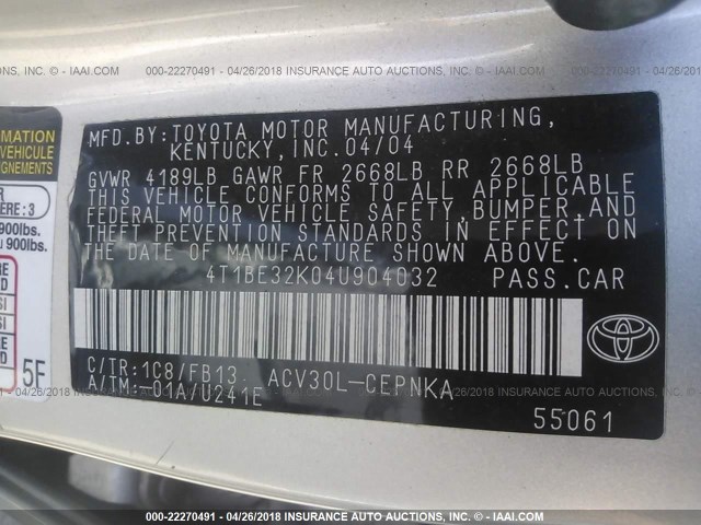 4T1BE32K04U904032 - 2004 TOYOTA CAMRY LE/XLE/SE SILVER photo 9