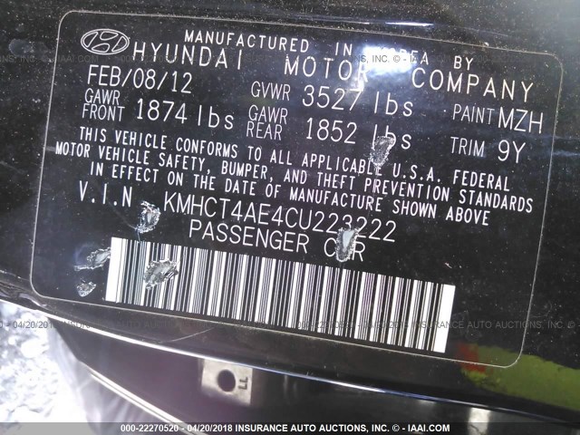 KMHCT4AE4CU223222 - 2012 HYUNDAI ACCENT GLS/GS BLACK photo 9