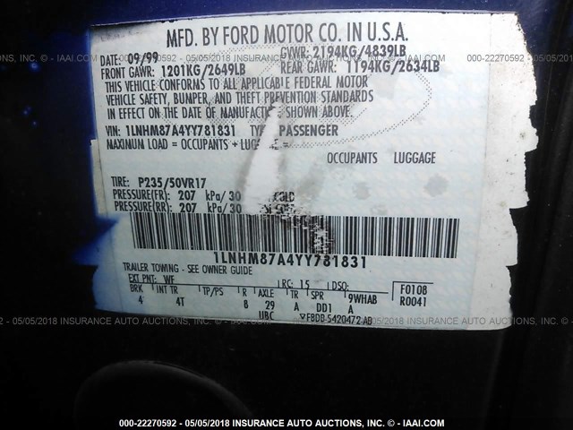 1LNHM87A4YY781831 - 2000 LINCOLN LS Mavi foto 9