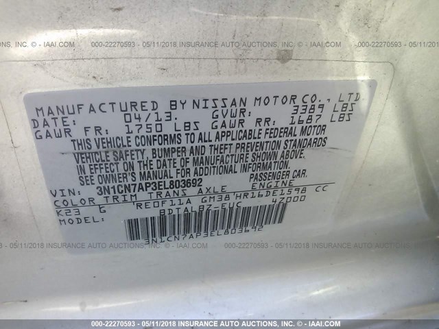 3N1CN7AP3EL803692 - 2014 NISSAN VERSA S/S PLUS/SV/SL SILVER photo 9