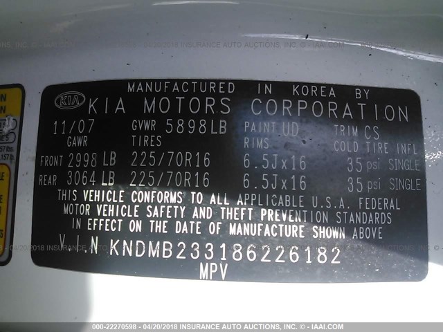 KNDMB233186226182 - 2008 KIA SEDONA EX/LX WHITE photo 9