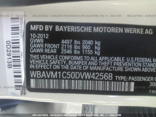 WBAVM1C50DVW42568 - 2013 BMW X1 SDRIVE28I WHITE photo 9