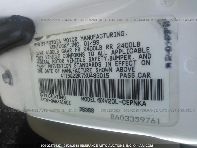 4T1BG22K7XU483015 - 1999 TOYOTA CAMRY CE/LE/XLE WHITE photo 9