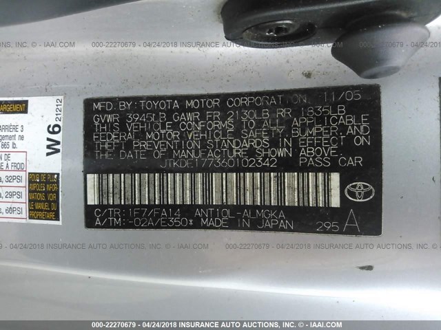 JTKDE177360102342 - 2006 TOYOTA SCION TC SILVER photo 9