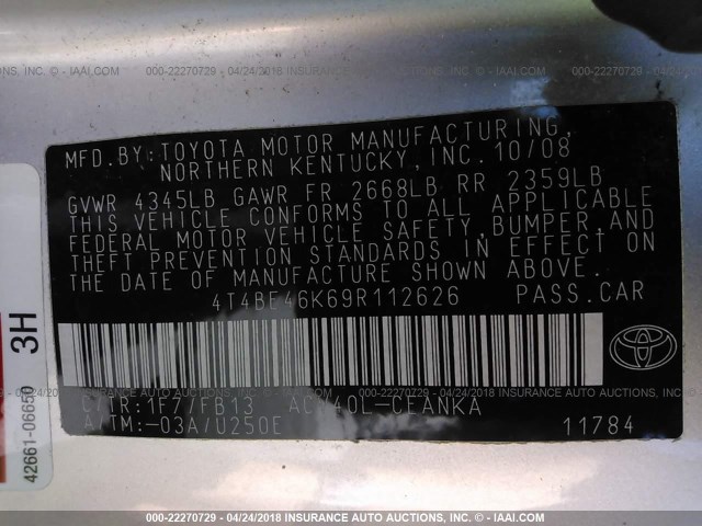 4T4BE46K69R112626 - 2009 TOYOTA CAMRY SE/LE/XLE SILVER photo 9