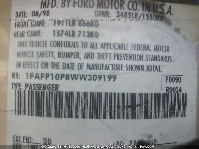 1FAFP10P8WW309199 - 1998 FORD ESCORT LX TAN photo 9