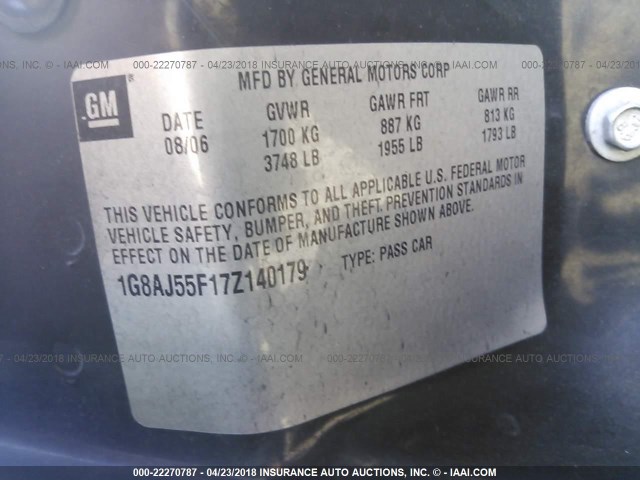 1G8AJ55F17Z140179 - 2007 SATURN ION LEVEL 2 BLACK photo 9