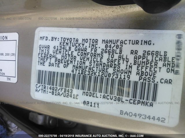 4T1BE32K12U073119 - 2002 TOYOTA CAMRY LE/XLE/SE GOLD photo 9