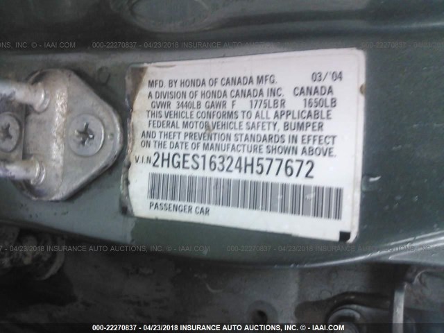 2HGES16324H577672 - 2004 HONDA CIVIC DX VP GREEN photo 9