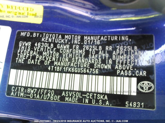 4T1BF1FK6GU564756 - 2016 TOYOTA CAMRY LE/XLE/SE/XSE BLUE photo 9