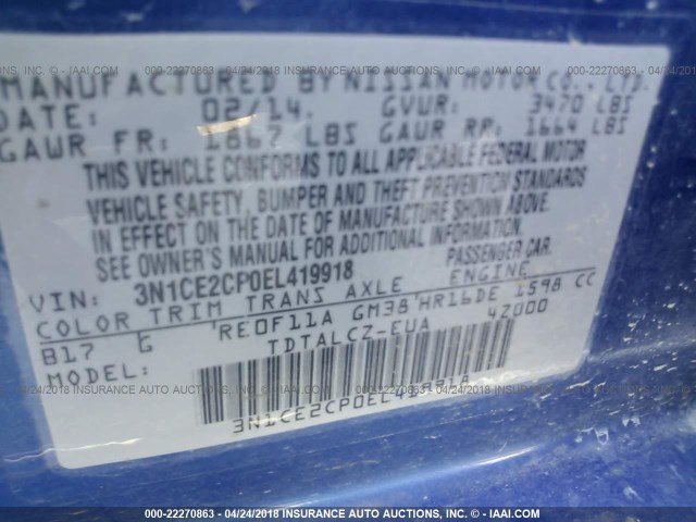 3N1CE2CP0EL419918 - 2014 NISSAN VERSA NOTE S/S PLUS/SV/SL BLUE photo 9